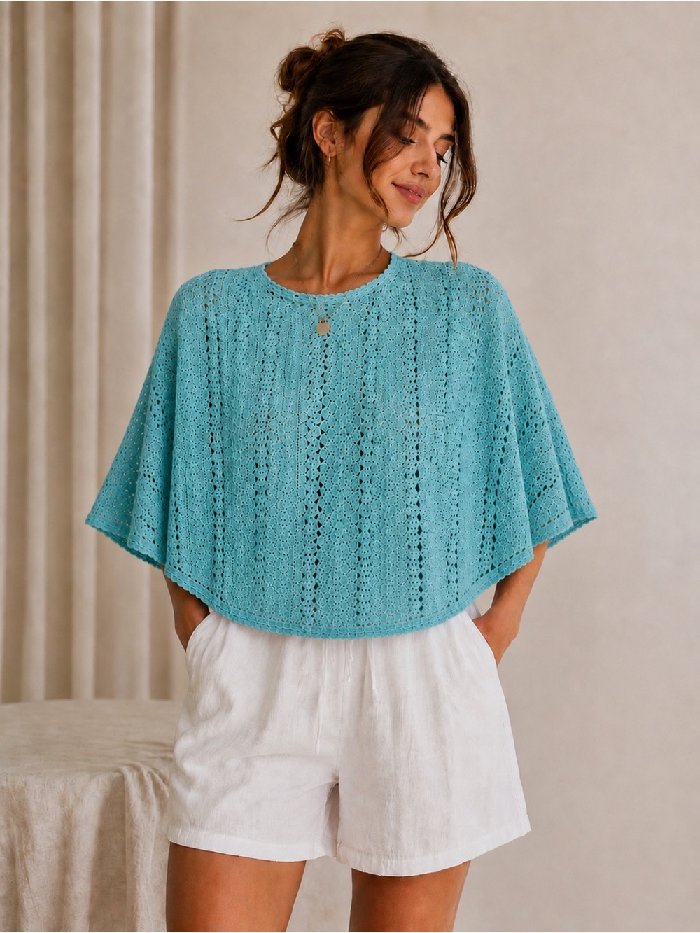 Women’s Turquoise Crochet Lace Poncho Top XL NWT Boho Cape Blouse